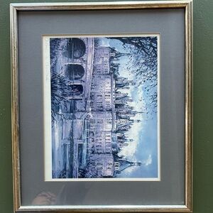 Vintage Framed Blue Cityscape Art